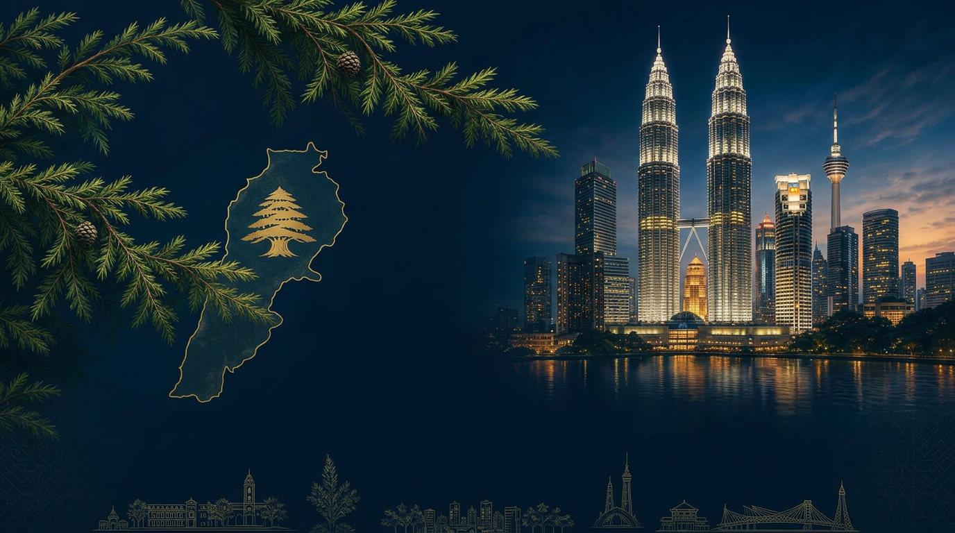 Lebanese cedar branches and the map of Lebanon beside the lit Kuala Lumpur skyline at night